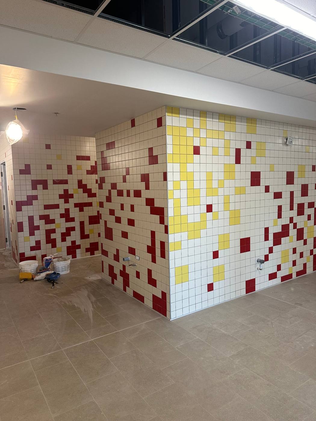 Sherwood Elementary School, red and yellow corridor wall tile